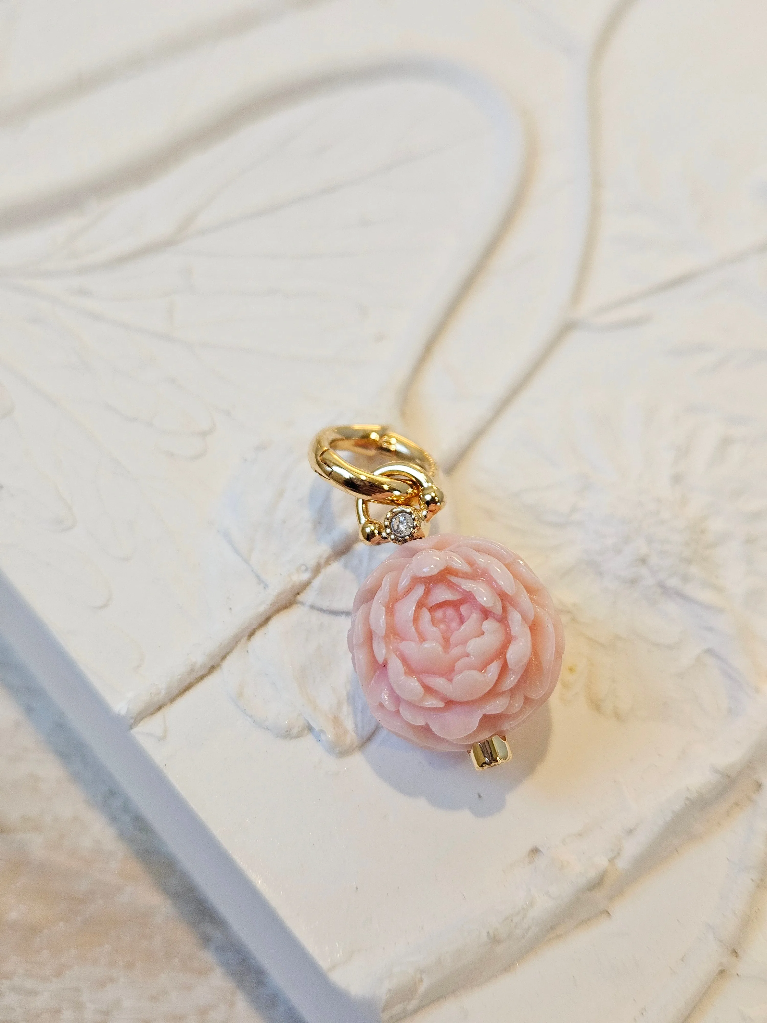 18K Solid Gold Hand Carved Pink Opal Peony Flower Ball Charm Pendant | Indulgems | Designs in Real Gold