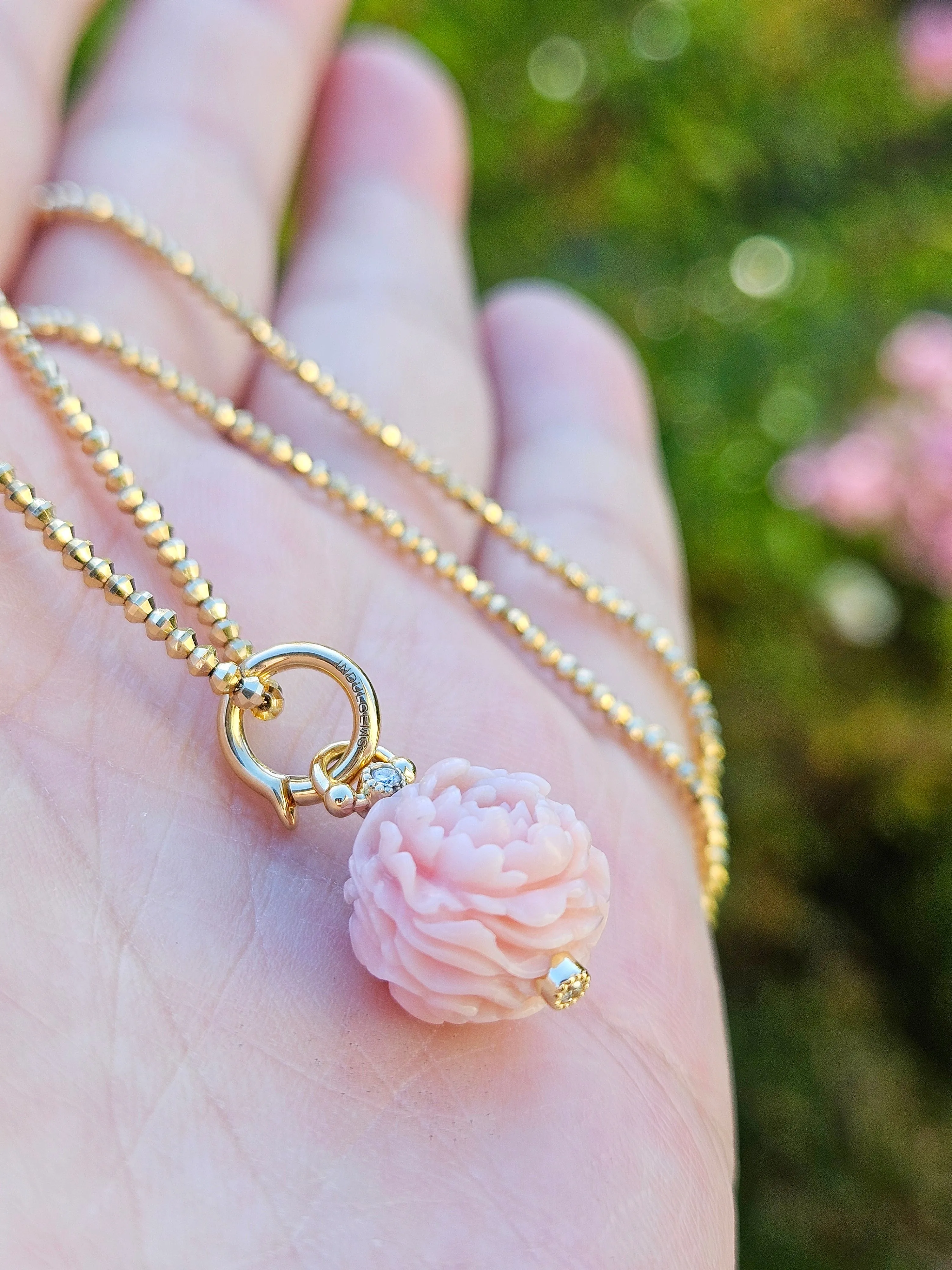 18K Solid Gold Hand Carved Pink Opal Peony Flower Ball Charm Pendant | Indulgems | Designs in Real Gold