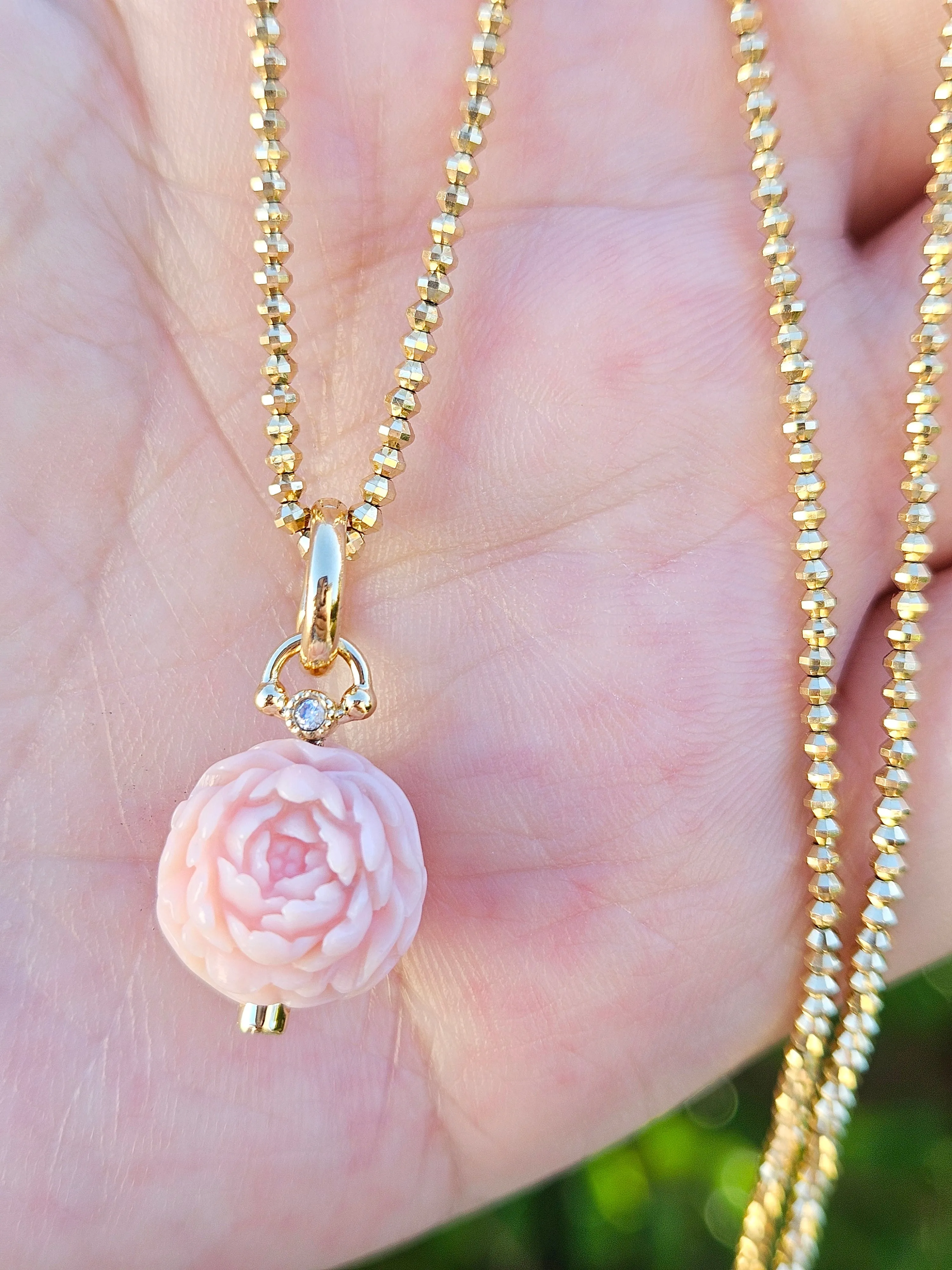 18K Solid Gold Hand Carved Pink Opal Peony Flower Ball Charm Pendant | Indulgems | Designs in Real Gold