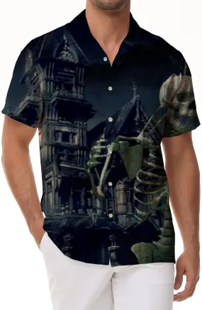 3D skull print fashion lapel short-sleeved button-down shirts breathable and comfortable tops men's summer clothes