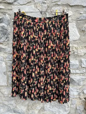 80s black floral pleated skirt uk 16-18