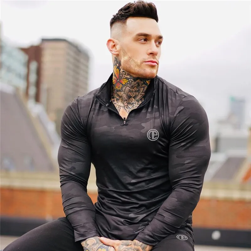 Aidase Mens Long Sleeve T Shirt Camouflage Fitness T-shirt Spring Slim Shirts Male Tops Leisure Bodybuilding Long Sleeve Quick-dry Tee