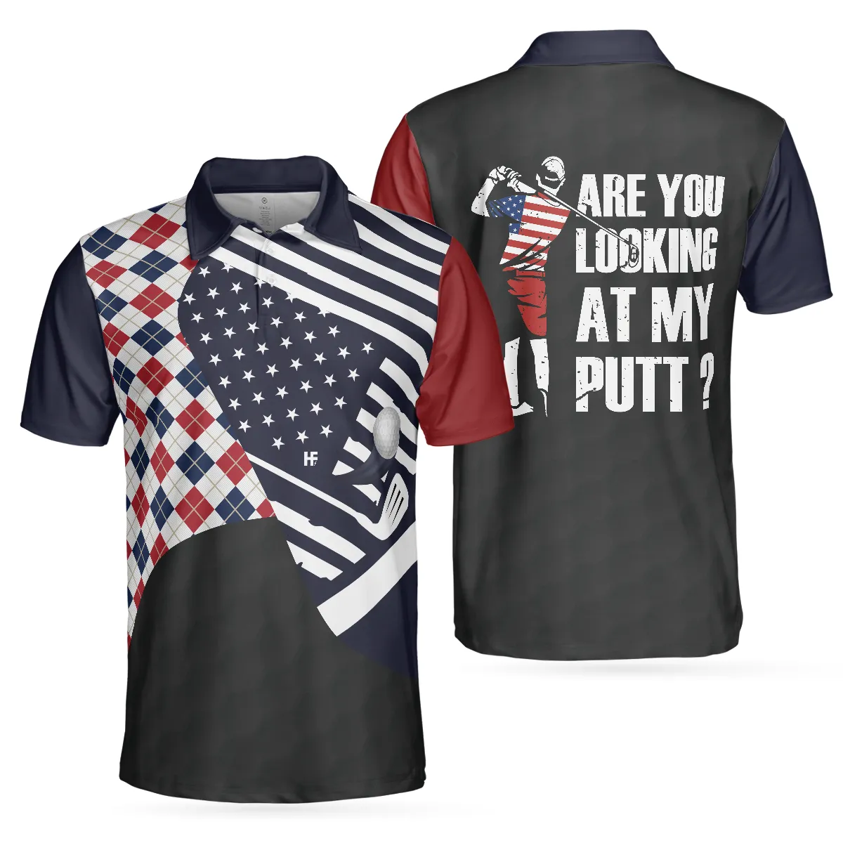 Are You Looking At My Putt Argyle USA Flag Polo Shirt