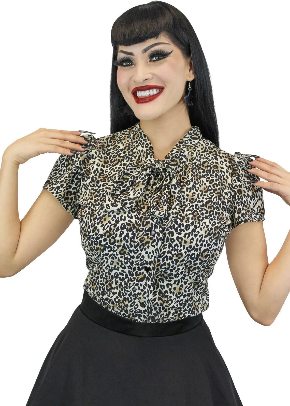 Balloon Sleeve Tie-Neck Blouse - Leopard Print