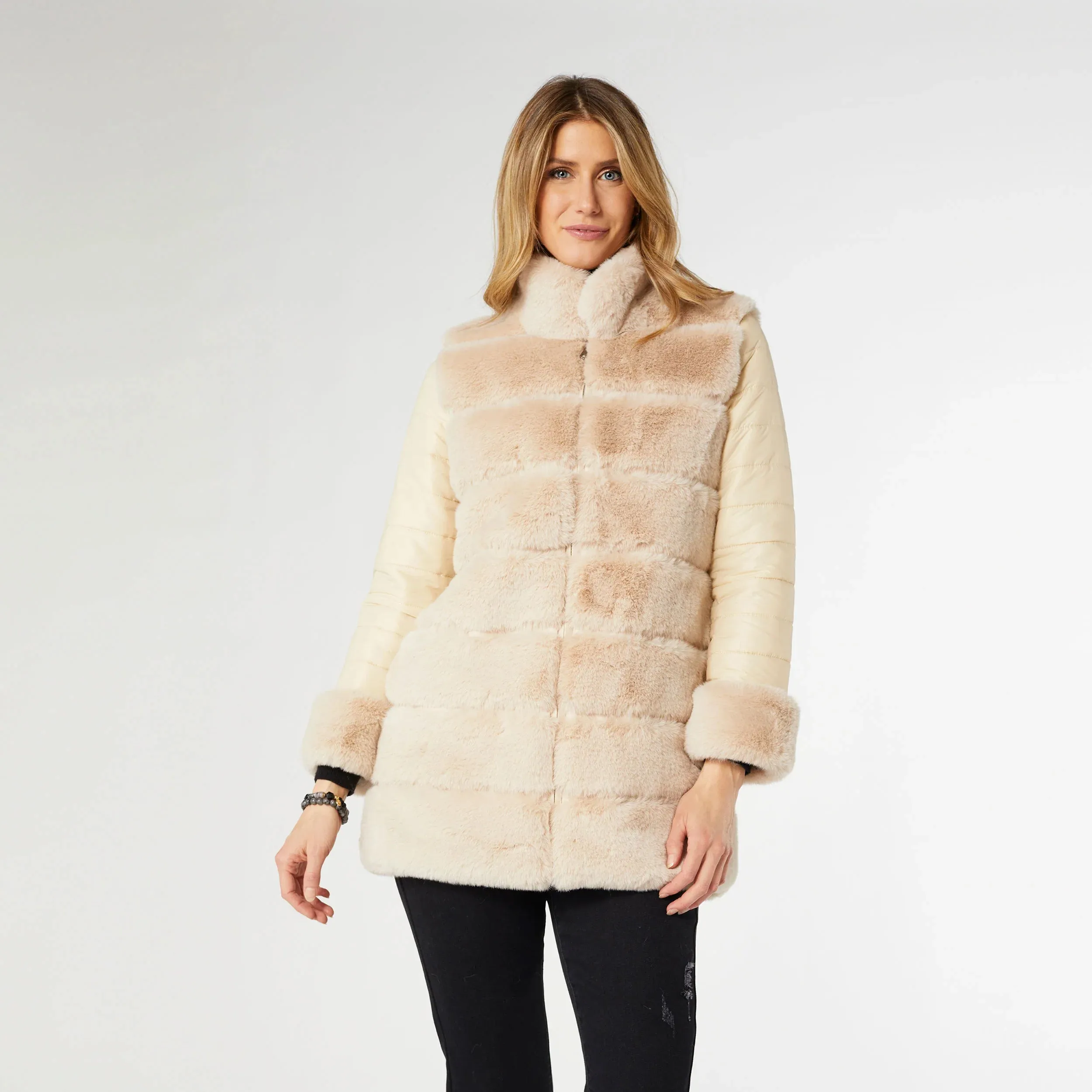 Beige Faux Fur Jacket with Puffer Sleeves