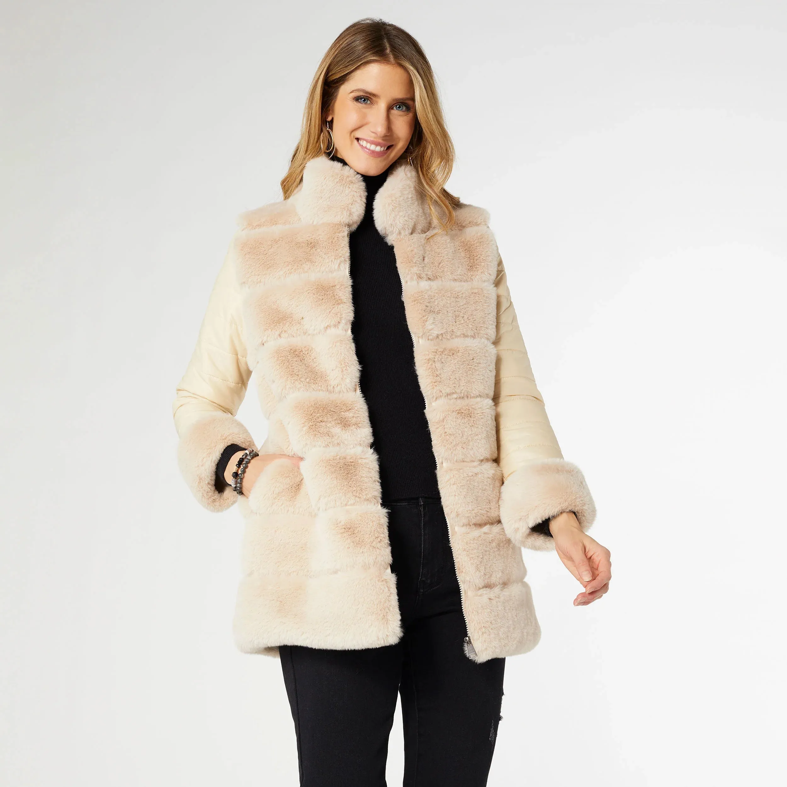 Beige Faux Fur Jacket with Puffer Sleeves