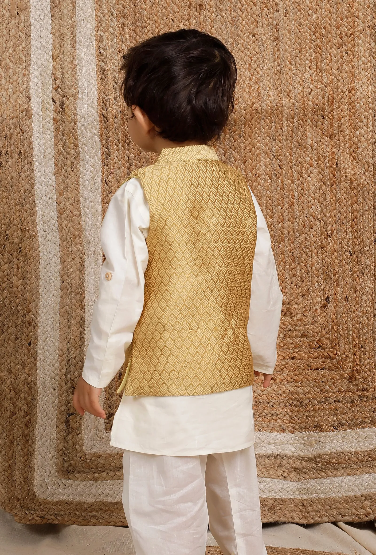 Beige Mustard Brocade Nehru Jacket