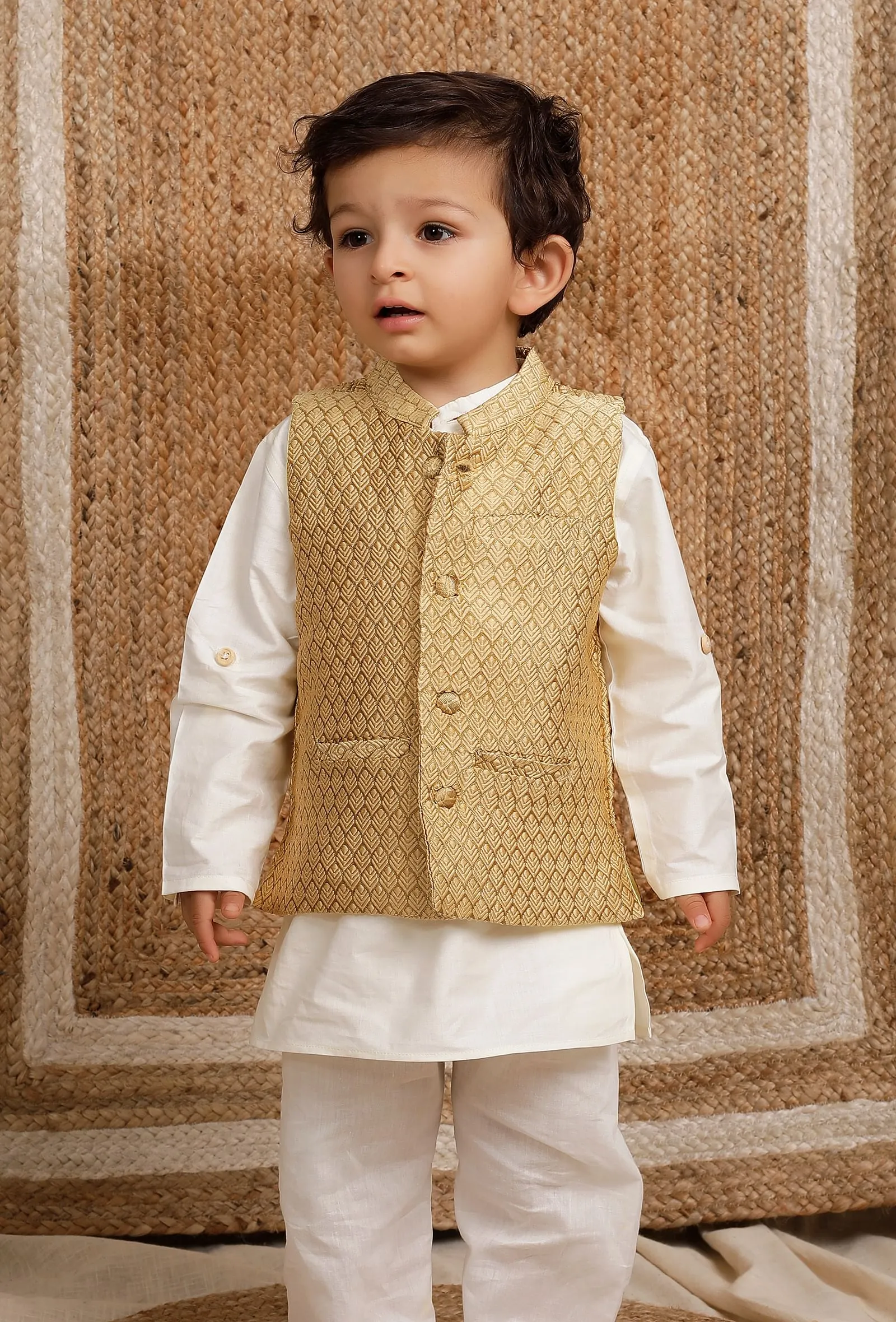 Beige Mustard Brocade Nehru Jacket