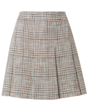 Beige Plaid Stretch Pleat Mini Skirt