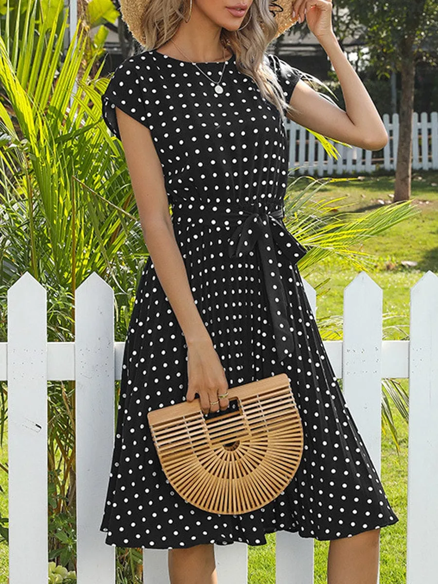 Belted Pleated Midi Dress, Polka Dot Print