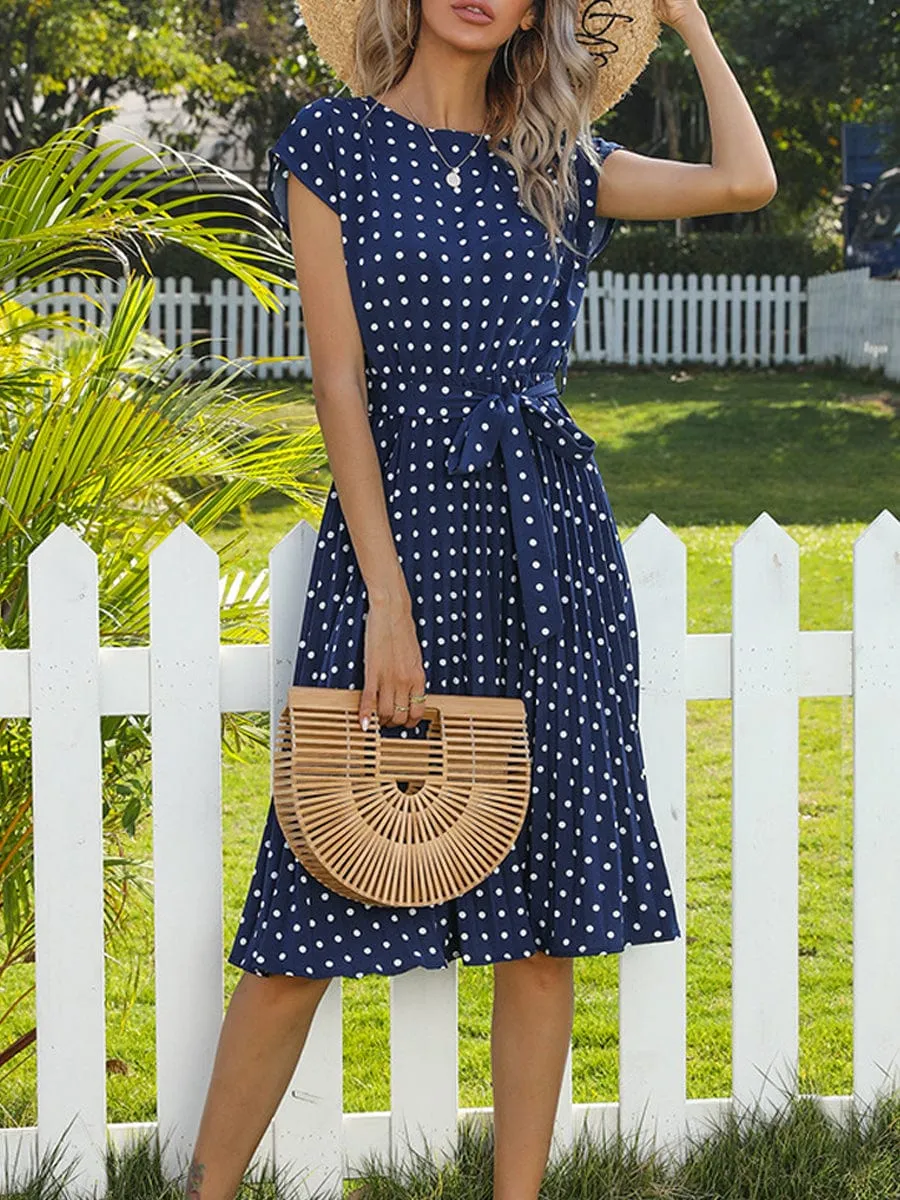 Belted Pleated Midi Dress, Polka Dot Print