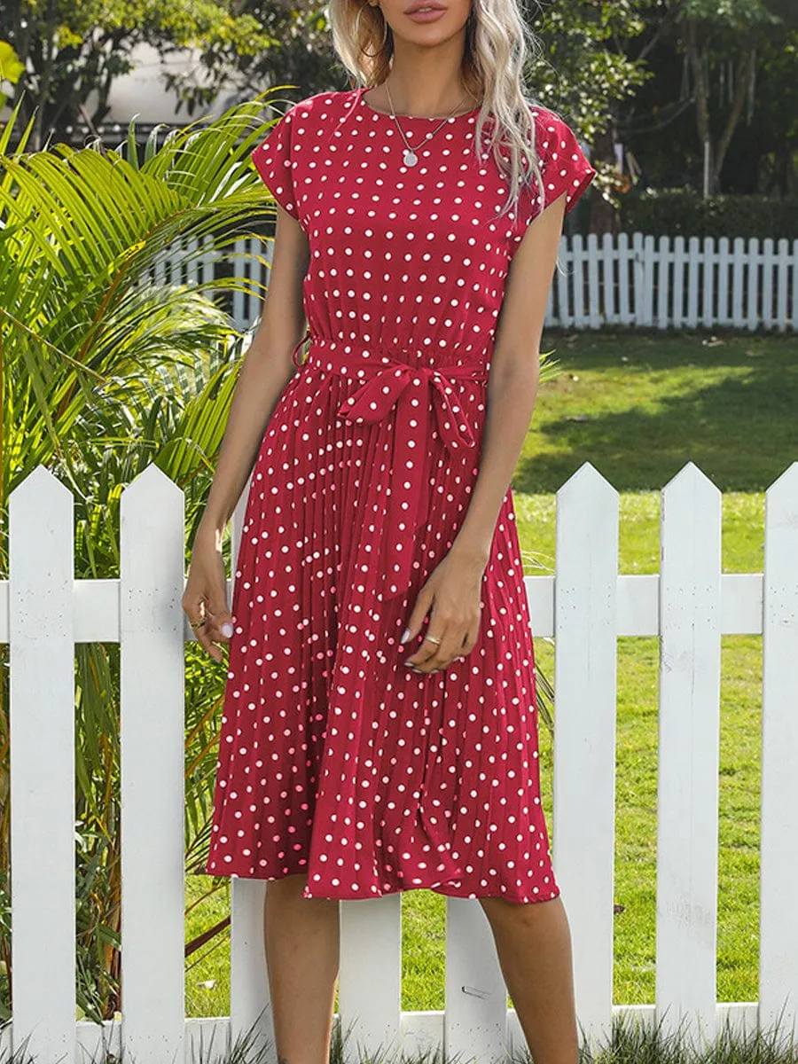 Belted Pleated Midi Dress, Polka Dot Print