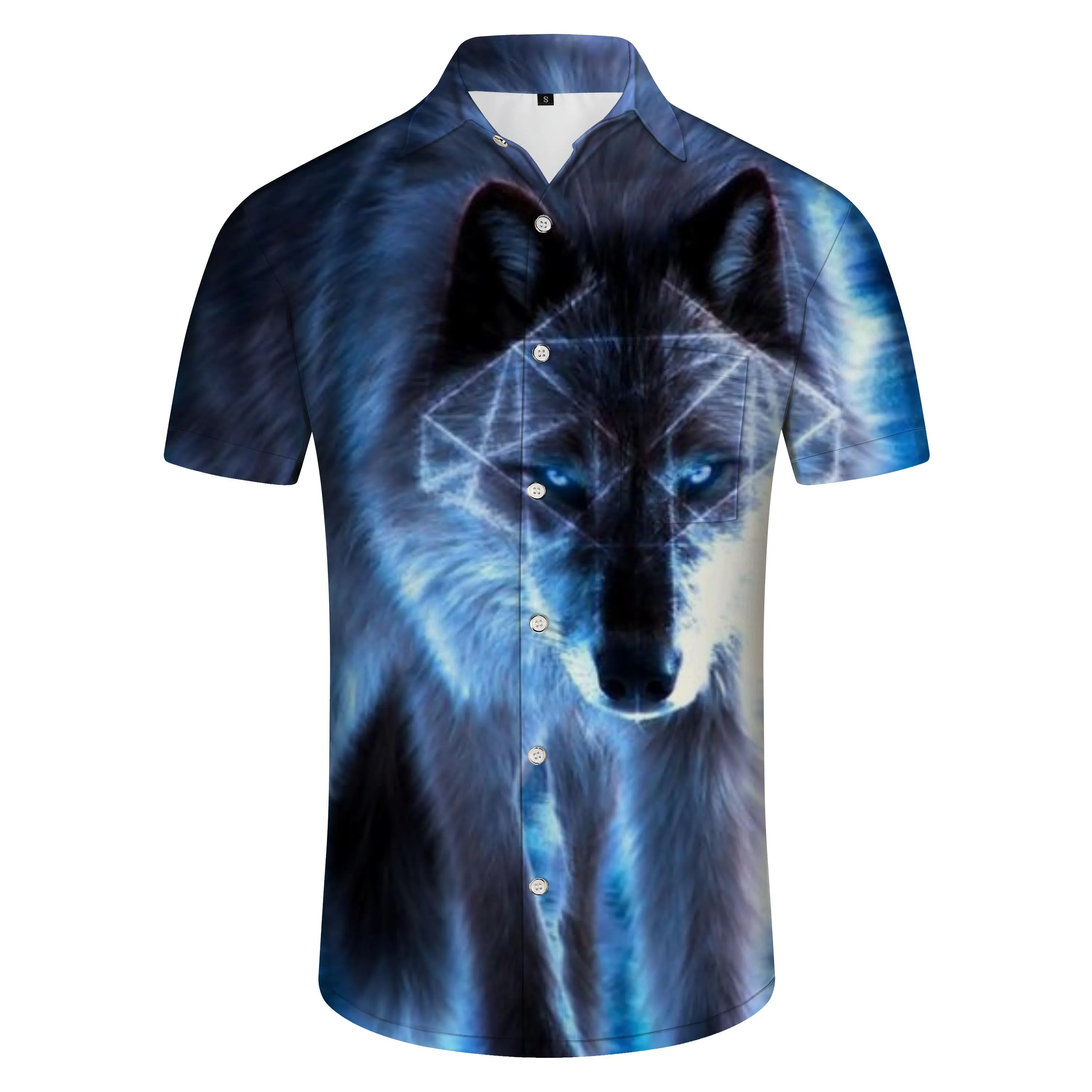 Beware of the cunning wolf Summer men's breathable short-sleeved shirts with printed patterns Beachwear Hawaiian buttons