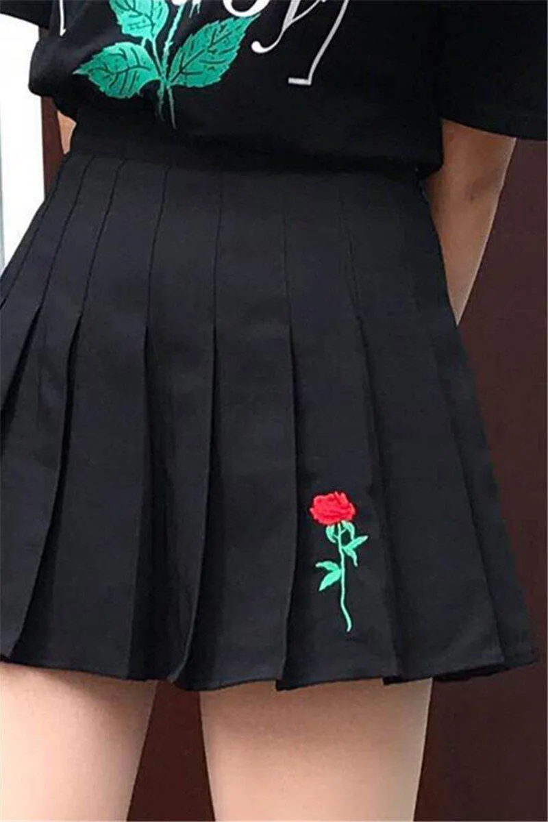 Black Faux Leather Embroidered Rose Mini Skirt