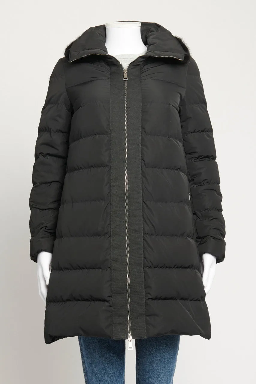 Black Preowned Down Jacket With Removable Fur Detail