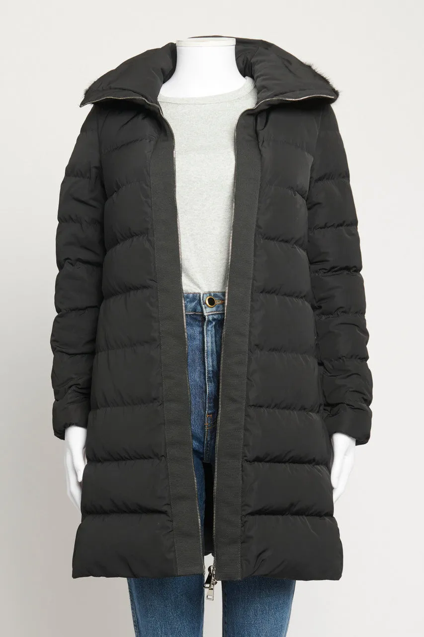 Black Preowned Down Jacket With Removable Fur Detail