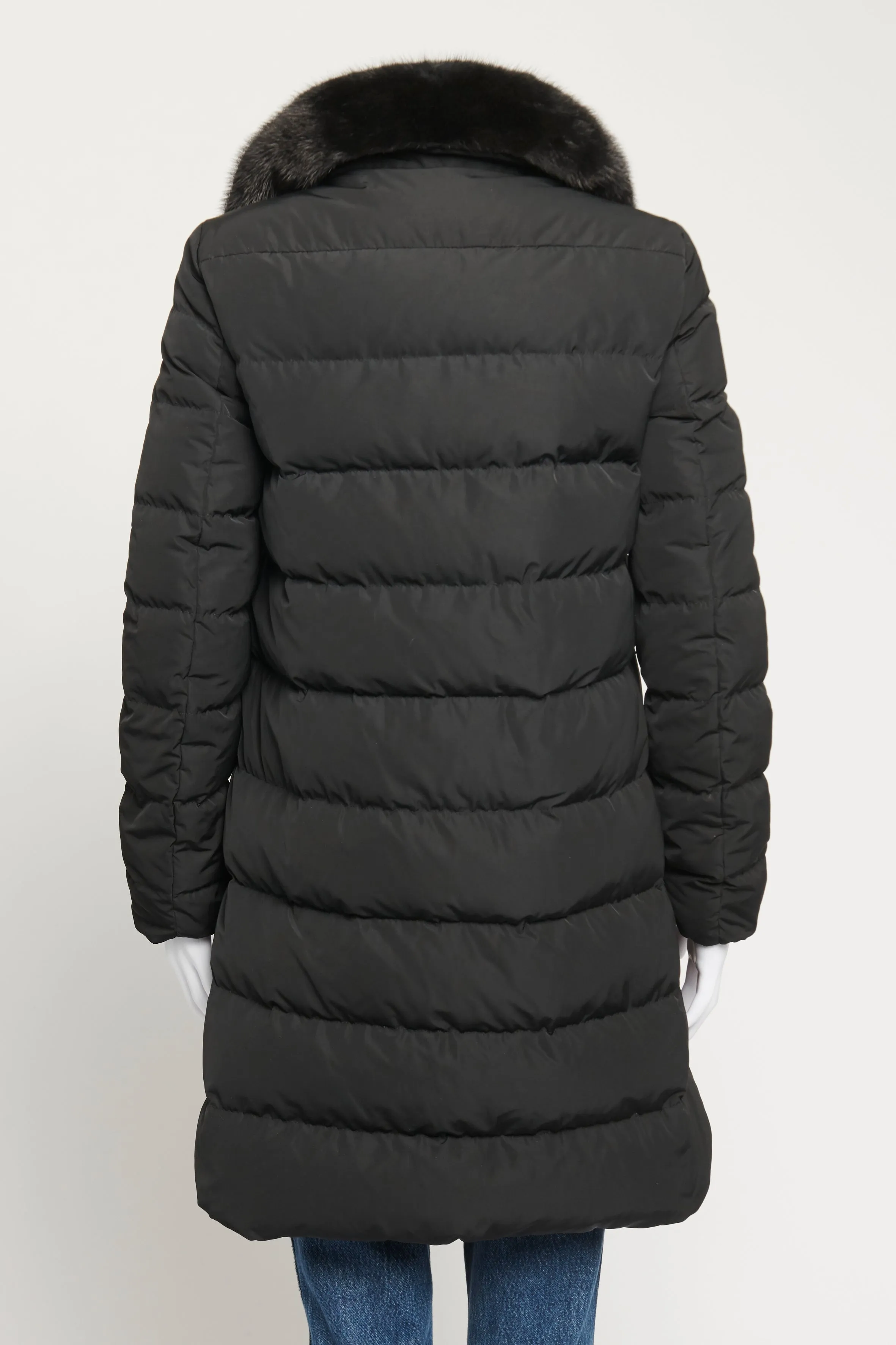 Black Preowned Down Jacket With Removable Fur Detail