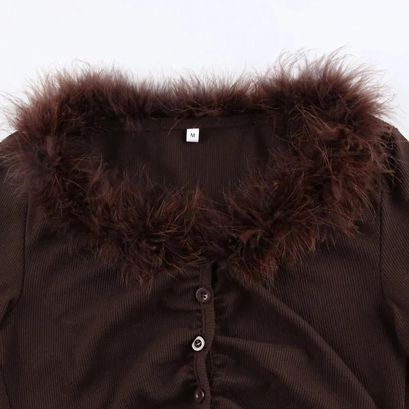 Brown Faux Fur Trim Collar Top