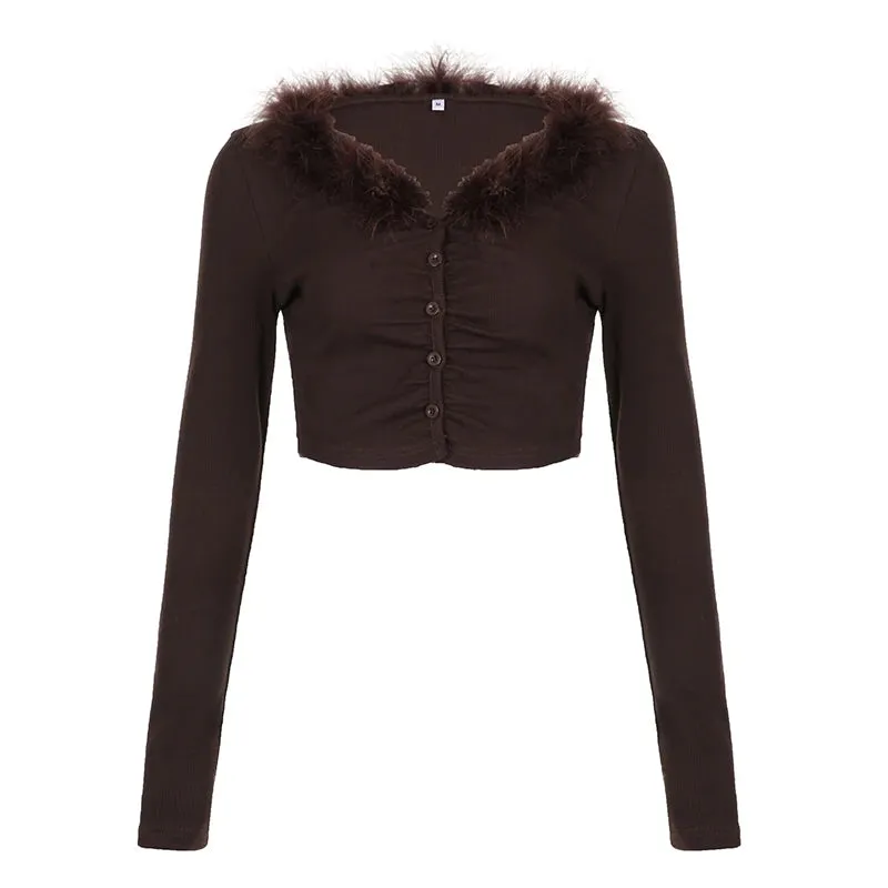 Brown Faux Fur Trim Collar Top