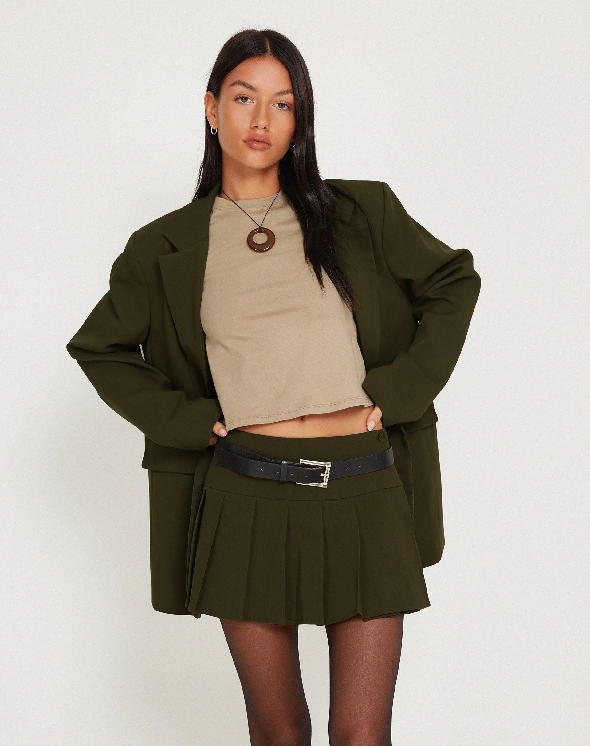 Casini Pleated Micro Skirt in Dark Khaki