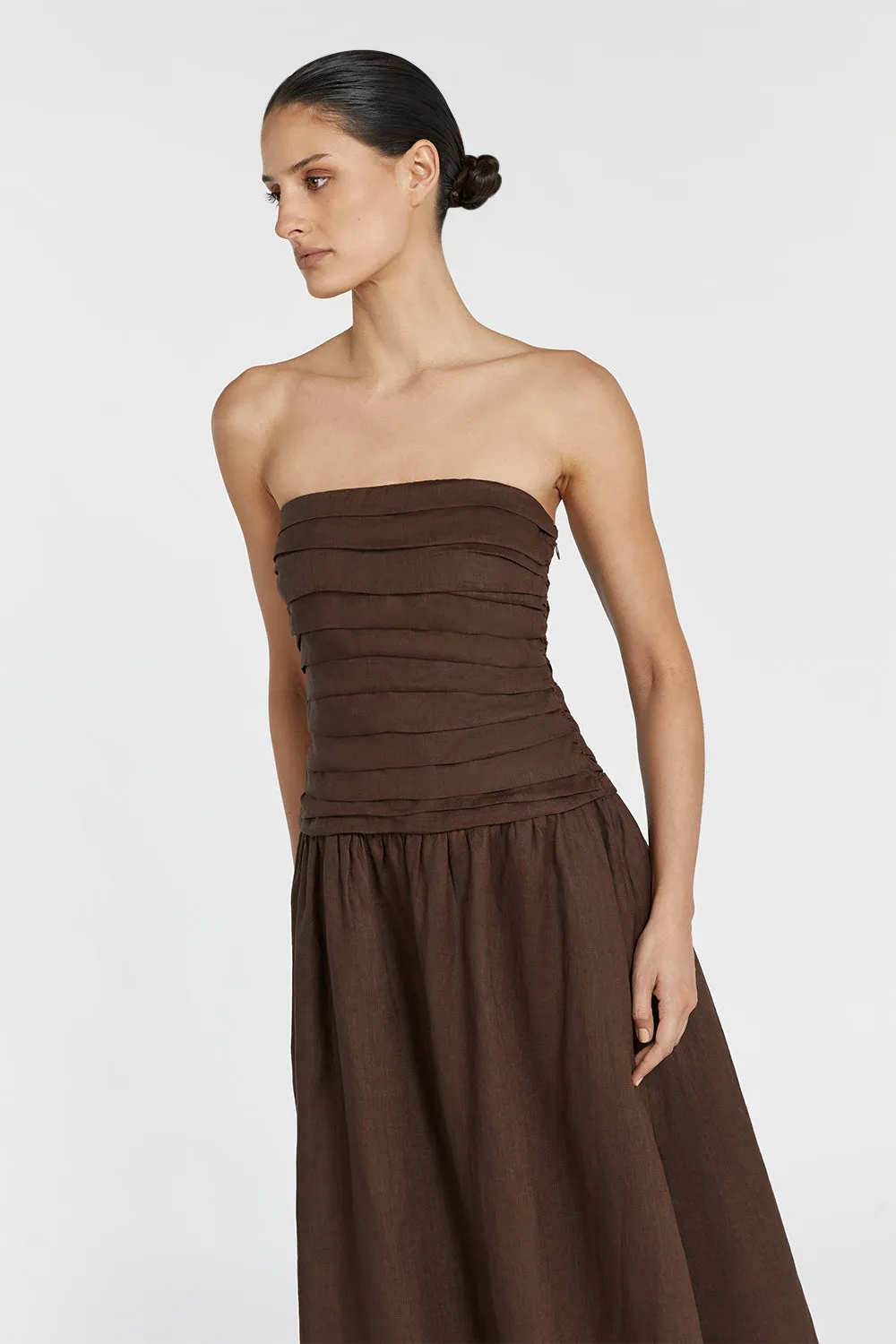 CATANIA BITTER CHOC LINEN STRAPLESS MIDI DRESS