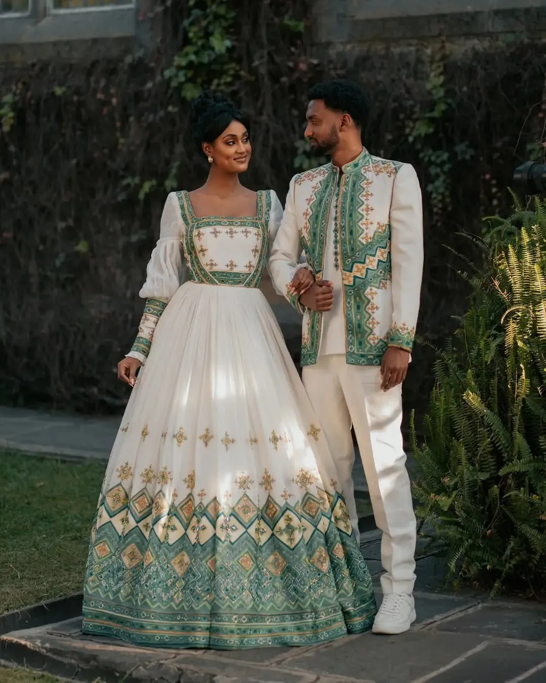 Celebrating Abiding Love in Green Ethiopian Couples Outfit: Modernly Designed Habesha Couples Outfit