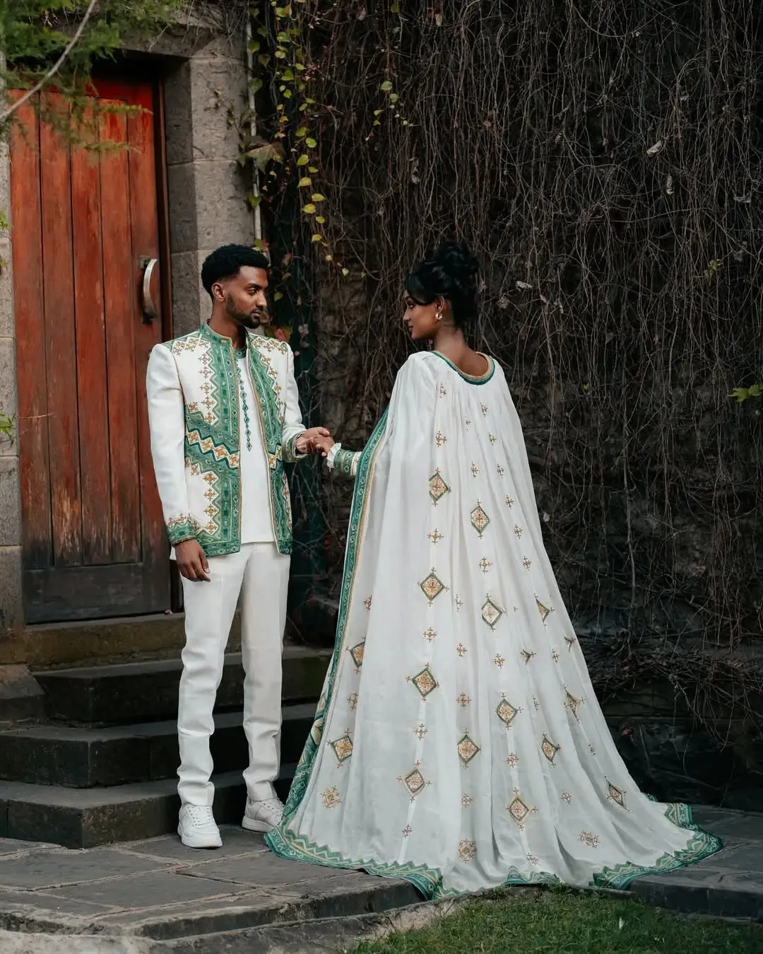 Celebrating Abiding Love in Green Ethiopian Couples Outfit: Modernly Designed Habesha Couples Outfit