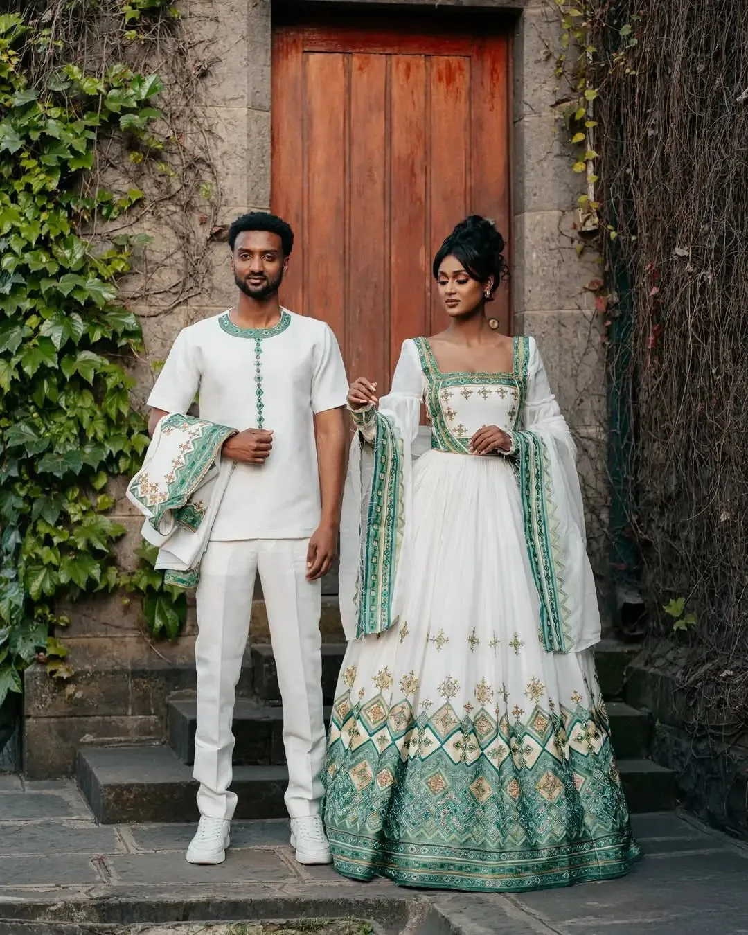 Celebrating Abiding Love in Green Ethiopian Couples Outfit: Modernly Designed Habesha Couples Outfit