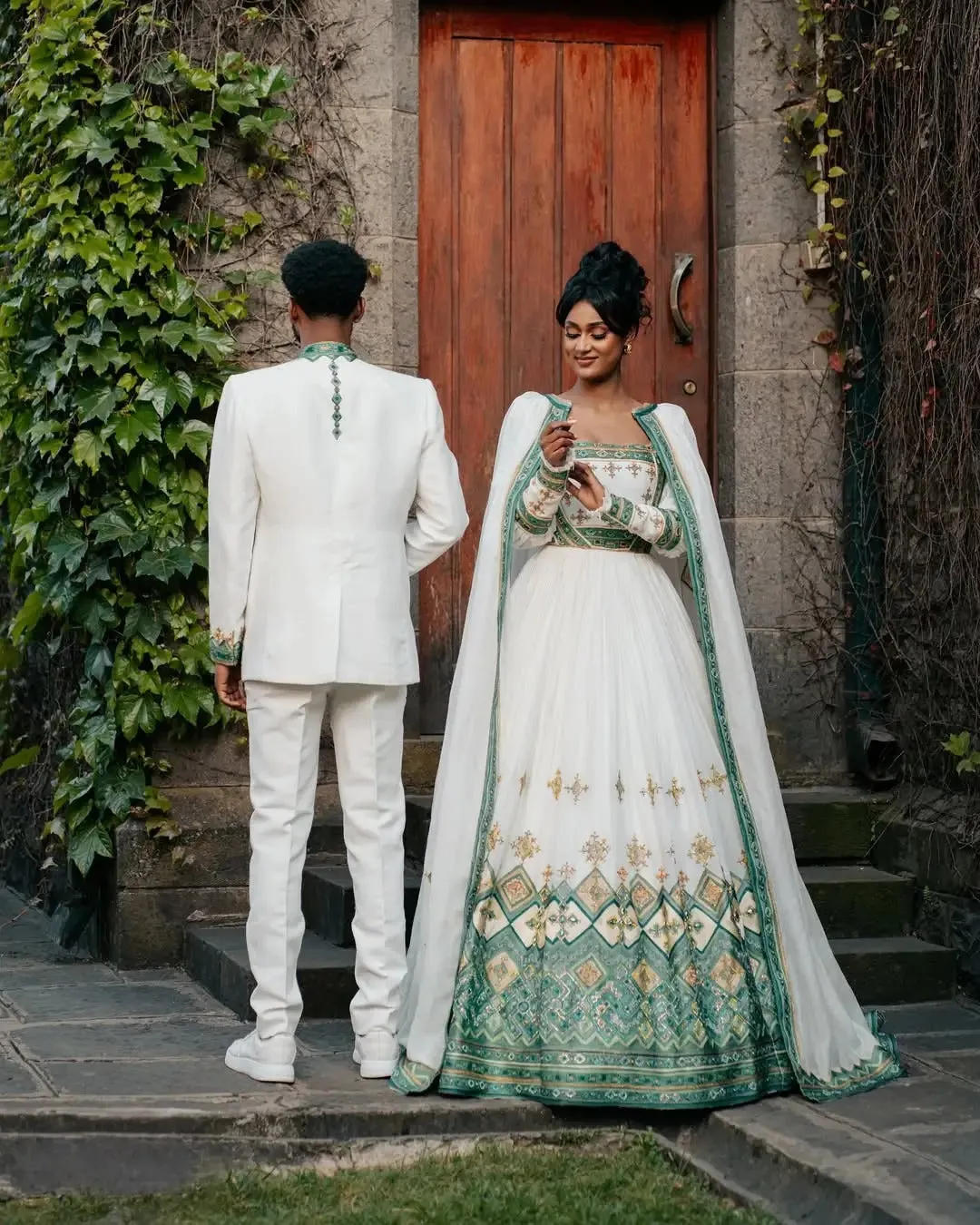 Celebrating Abiding Love in Green Ethiopian Couples Outfit: Modernly Designed Habesha Couples Outfit