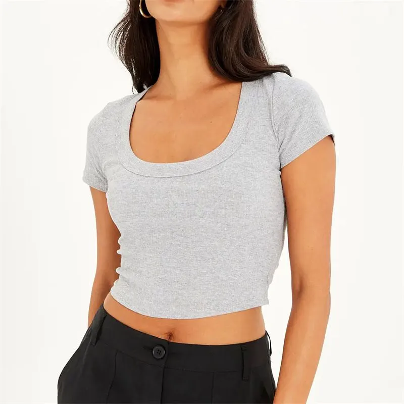 Classic Cotton Ribbed Cop Top Short Tee Top For Women