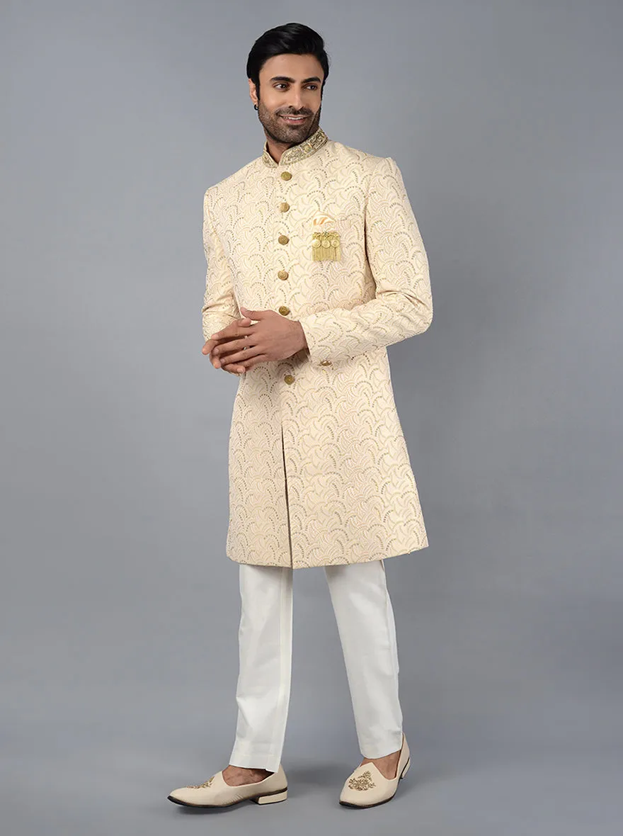 Cream Embroidered Regular Fit Indowestern | Azania