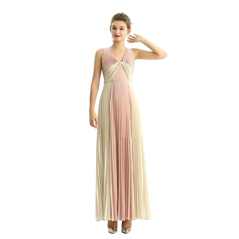 D209 Women color block metallic chiffon pleated maxi evening dress