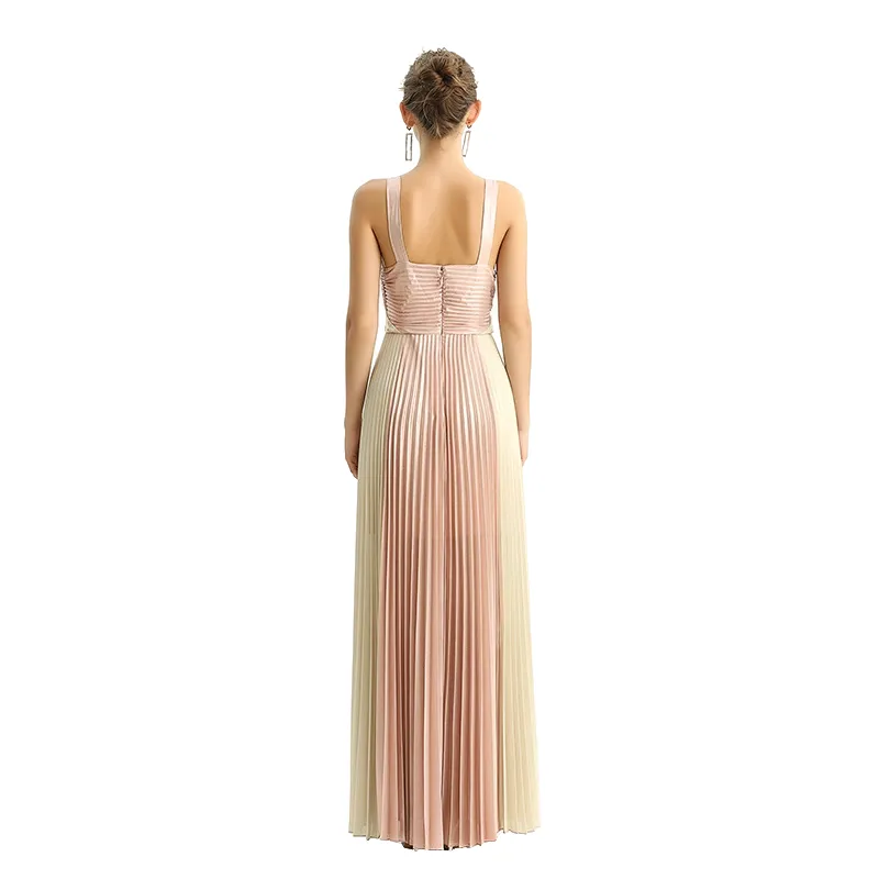 D209 Women color block metallic chiffon pleated maxi evening dress