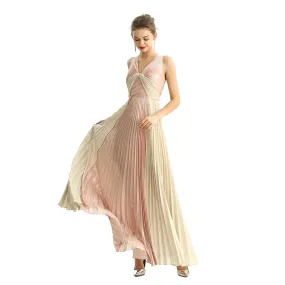 D209 Women color block metallic chiffon pleated maxi evening dress