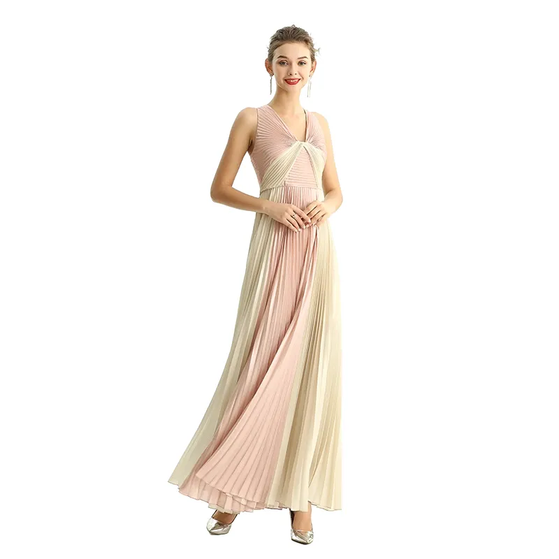 D209 Women color block metallic chiffon pleated maxi evening dress