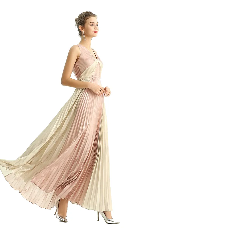 D209 Women color block metallic chiffon pleated maxi evening dress