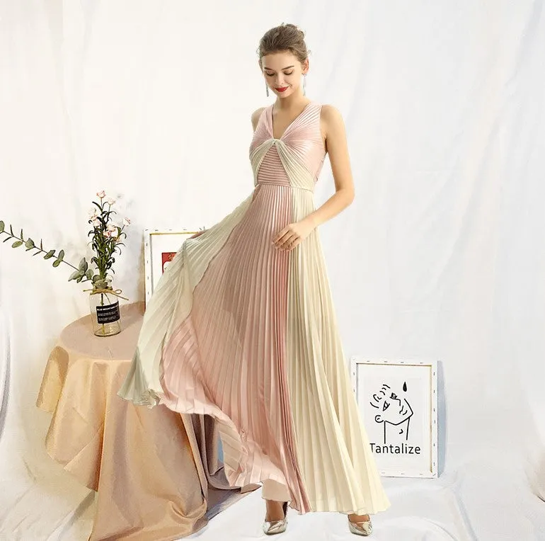 D209 Women color block metallic chiffon pleated maxi evening dress