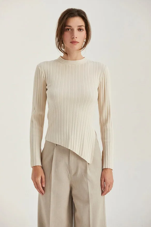 Danielle Rib Knit Asymmetric Hem Top Cream