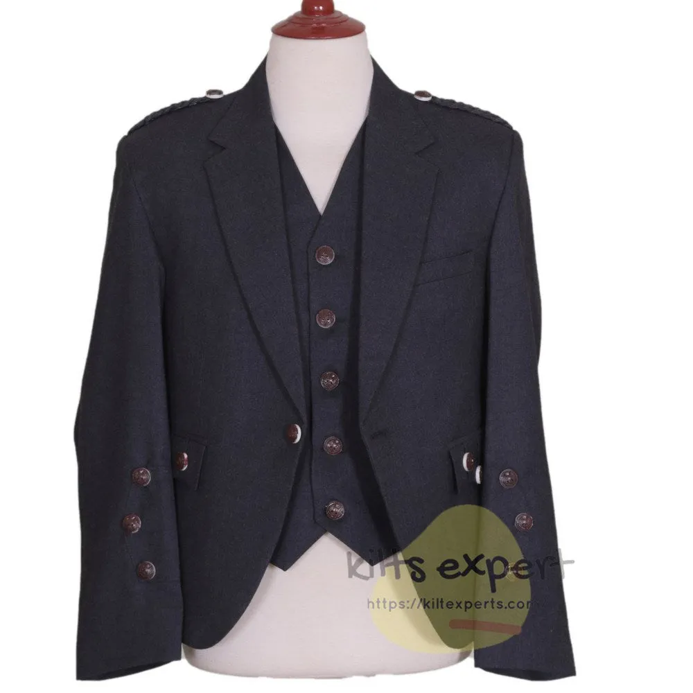 Dark Grey Argyle Jacket With 5 Button Waistcoat