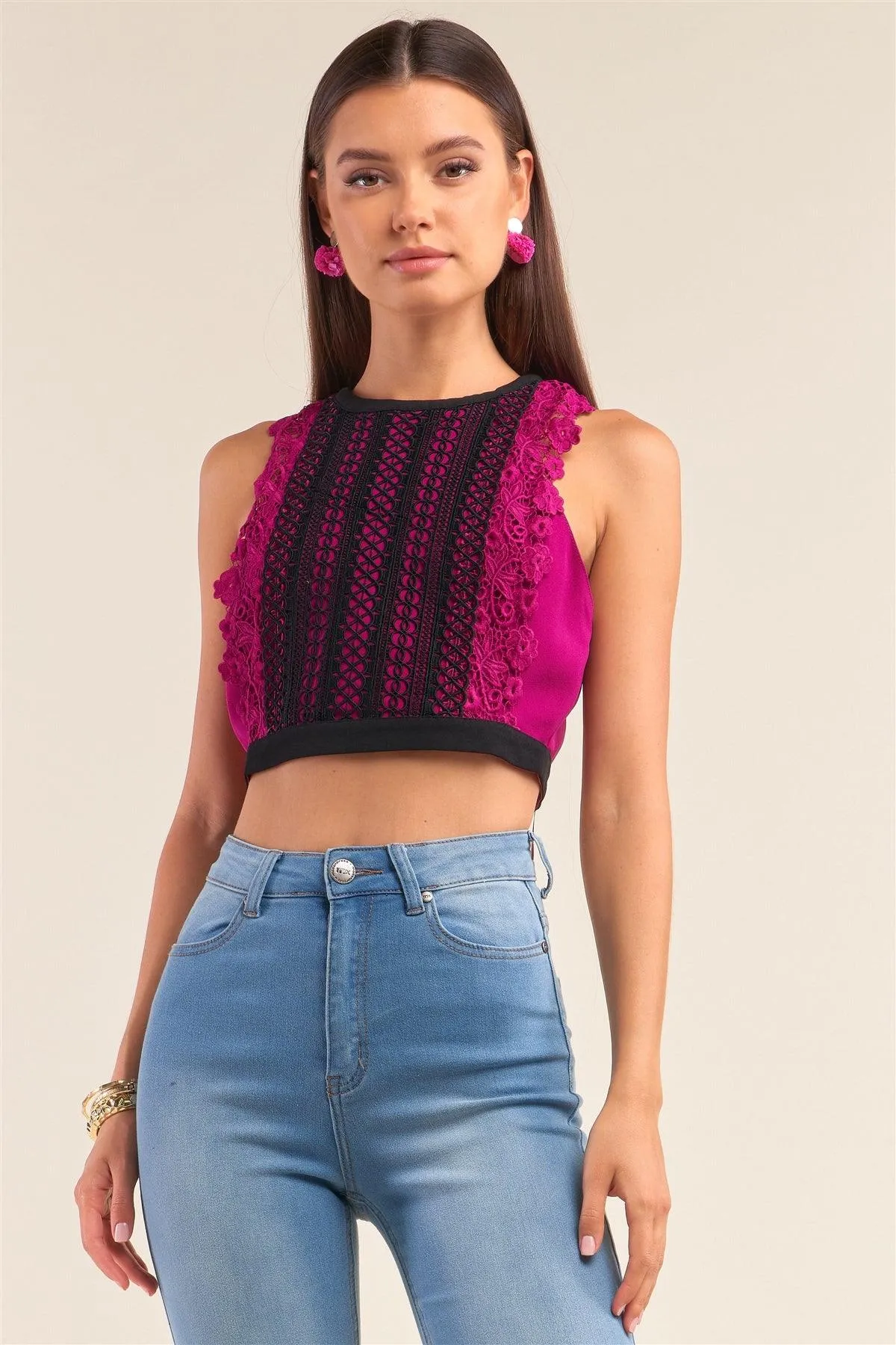 Dark Magenta Double Crochet Trim Front Detail Racer Back Sleeveless Crew Neck Cropped Top /1-1-2-1