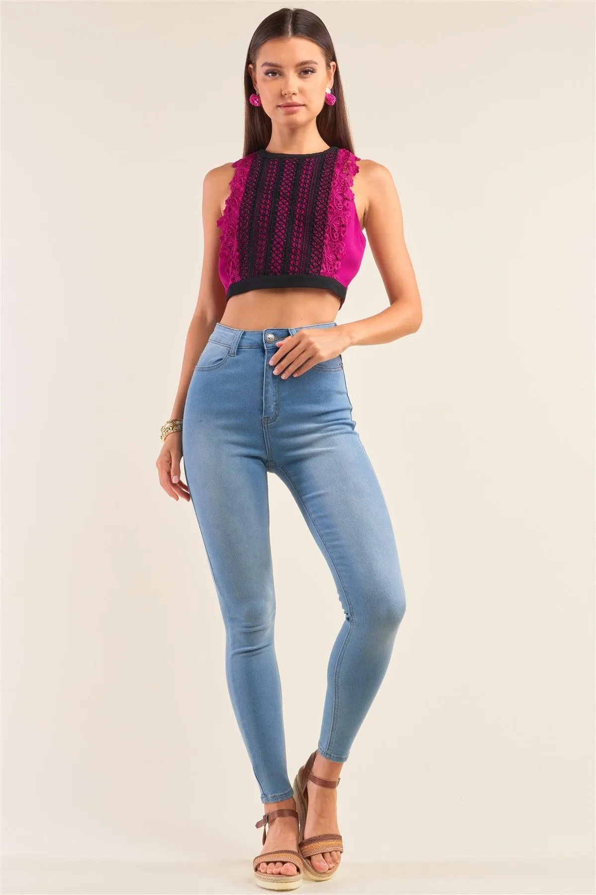 Dark Magenta Double Crochet Trim Front Detail Racer Back Sleeveless Crew Neck Cropped Top /1-1-2-1