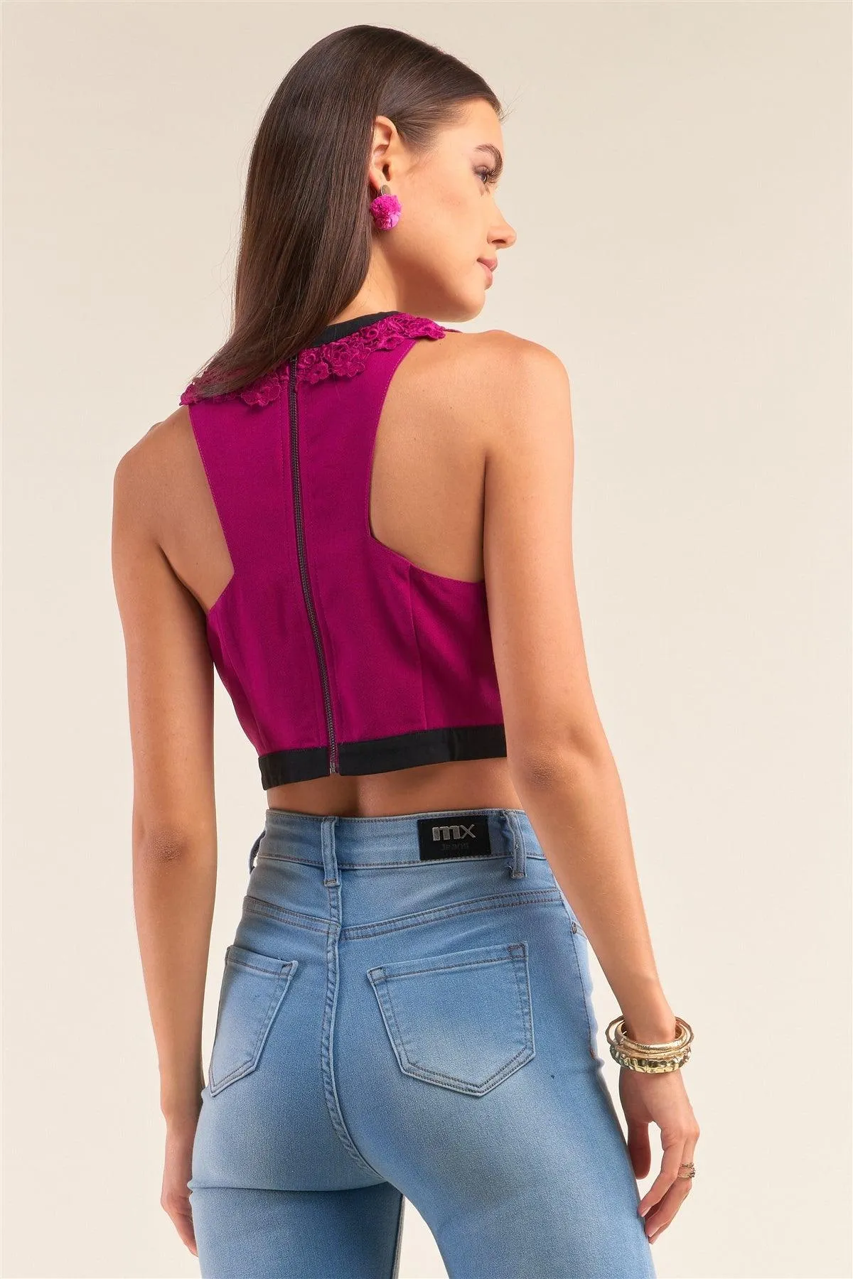 Dark Magenta Double Crochet Trim Front Detail Racer Back Sleeveless Crew Neck Cropped Top /1-1-2-1