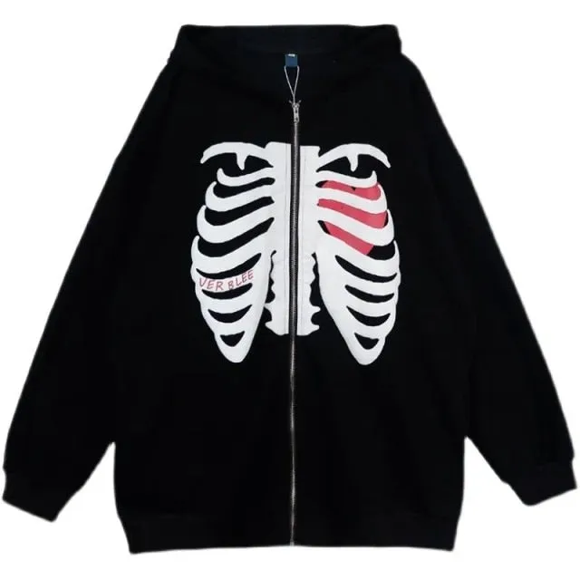 deanwangkt Rhinestone Skeleton Zip Up Oversized Sweatshirts  Summer Goth Hoodies Women Grunge Hooded Jacket Streetwear Retro Clothe