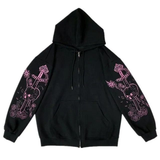 deanwangkt Rhinestone Skeleton Zip Up Oversized Sweatshirts  Summer Goth Hoodies Women Grunge Hooded Jacket Streetwear Retro Clothe