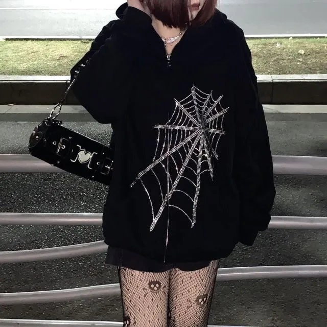 deanwangkt Rhinestone Skeleton Zip Up Oversized Sweatshirts  Summer Goth Hoodies Women Grunge Hooded Jacket Streetwear Retro Clothe