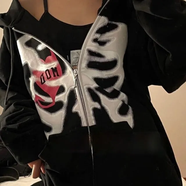 deanwangkt Rhinestone Skeleton Zip Up Oversized Sweatshirts  Summer Goth Hoodies Women Grunge Hooded Jacket Streetwear Retro Clothe