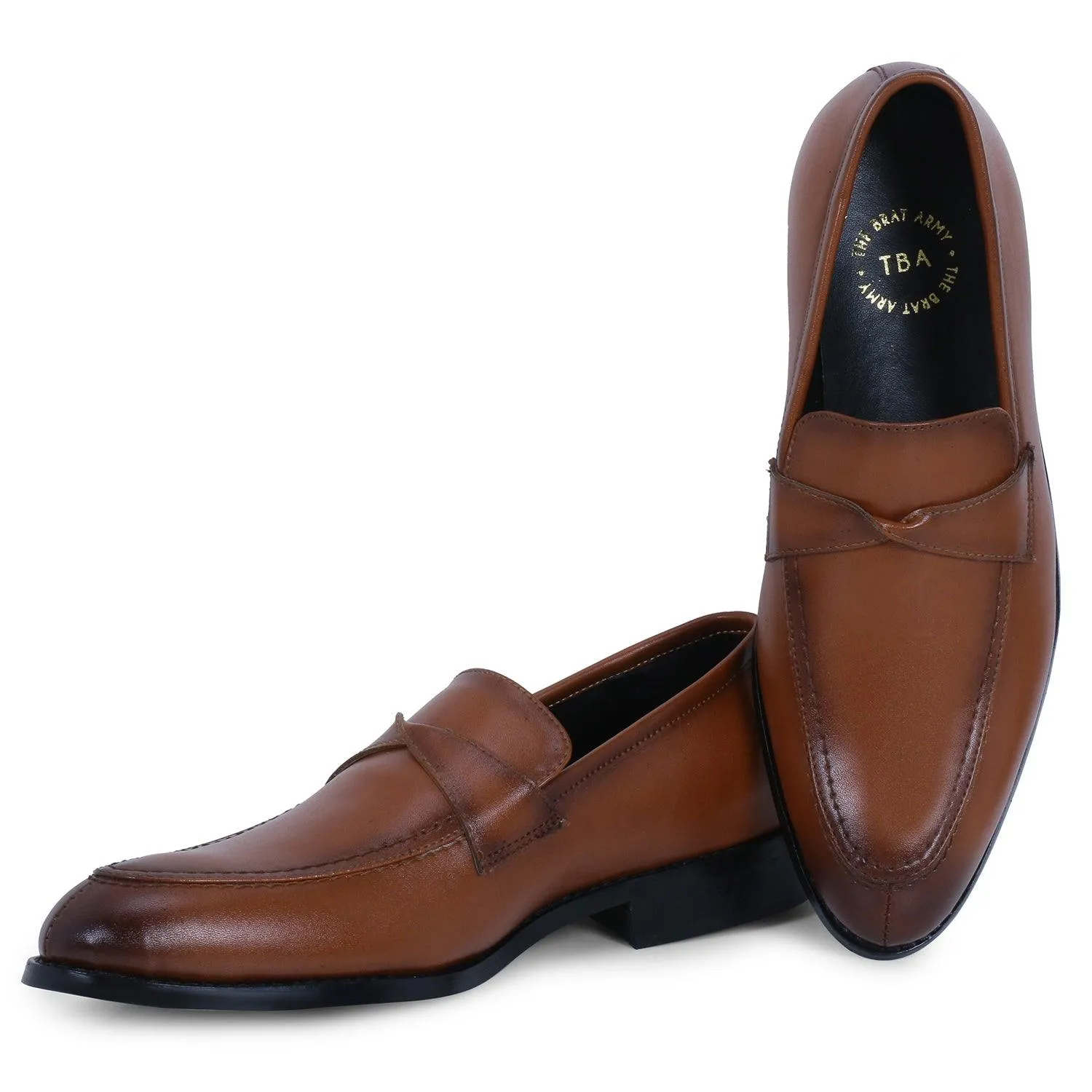 Derby Tan Twisted Strap Loafers.