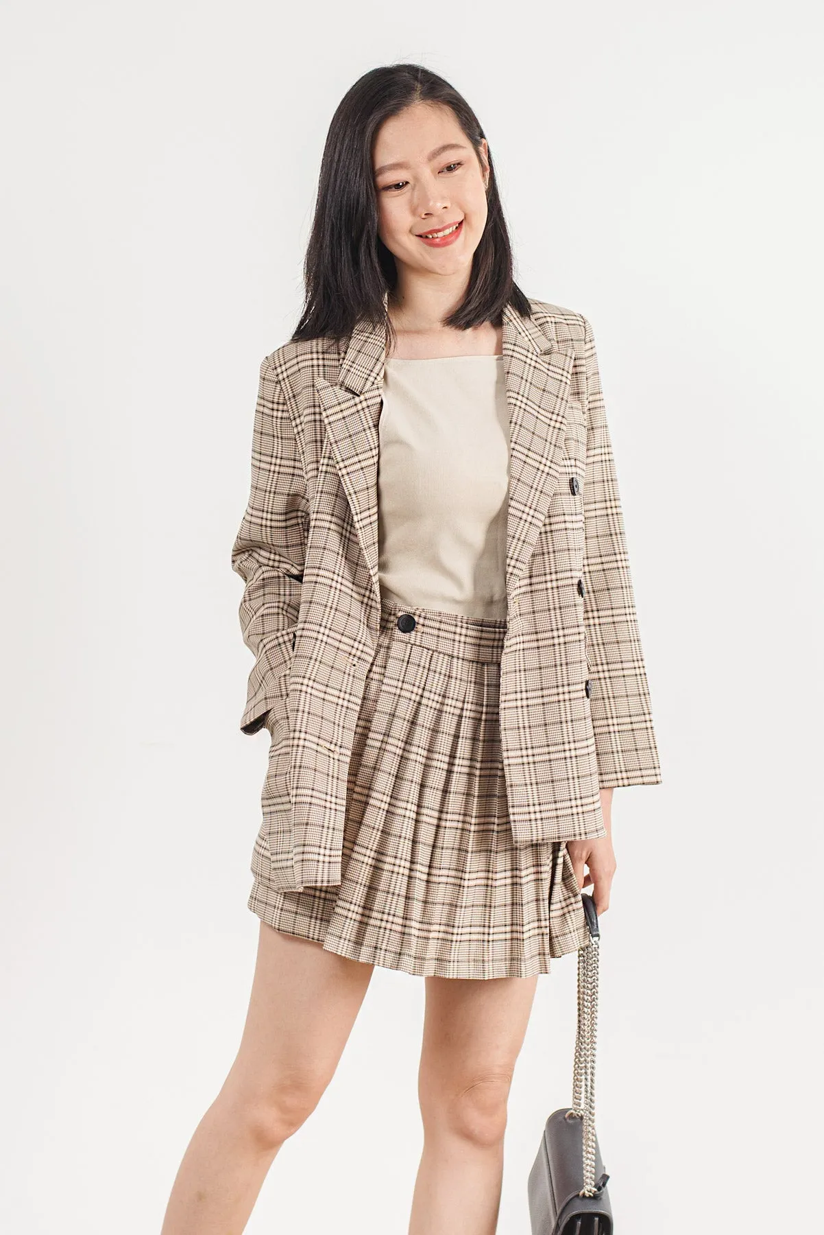 Double Breasted with Grid Print Blazer & Skirt Set