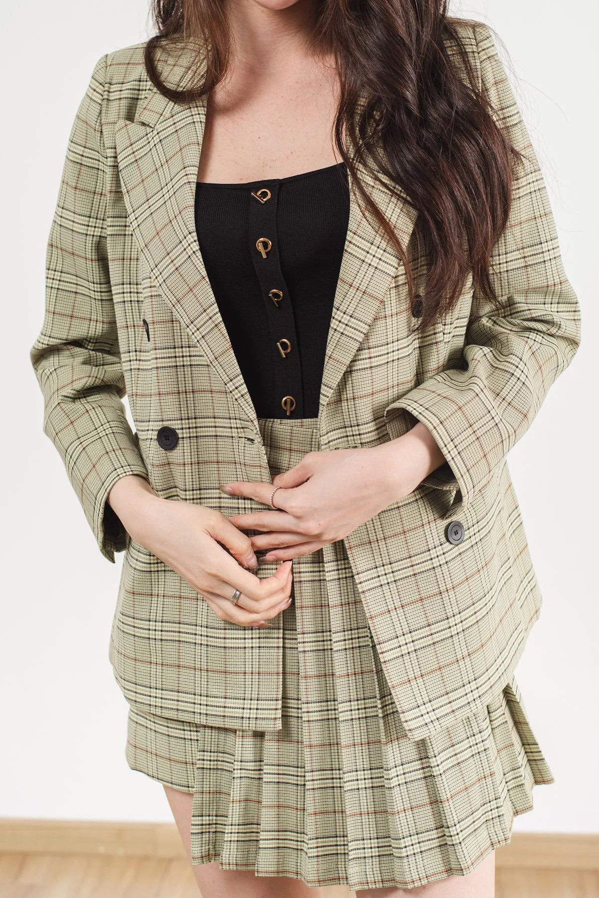 Double Breasted with Grid Print Blazer & Skirt Set