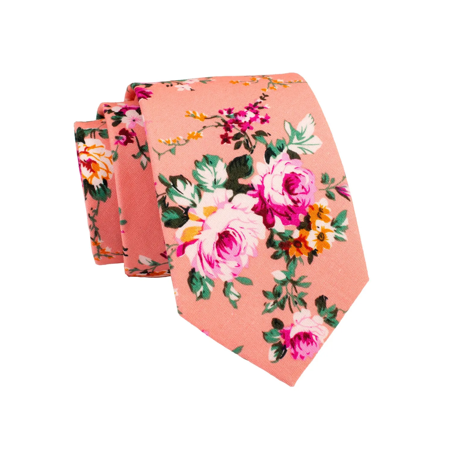 Dover Floral Cotton Tie, Salmon / Pink / Green